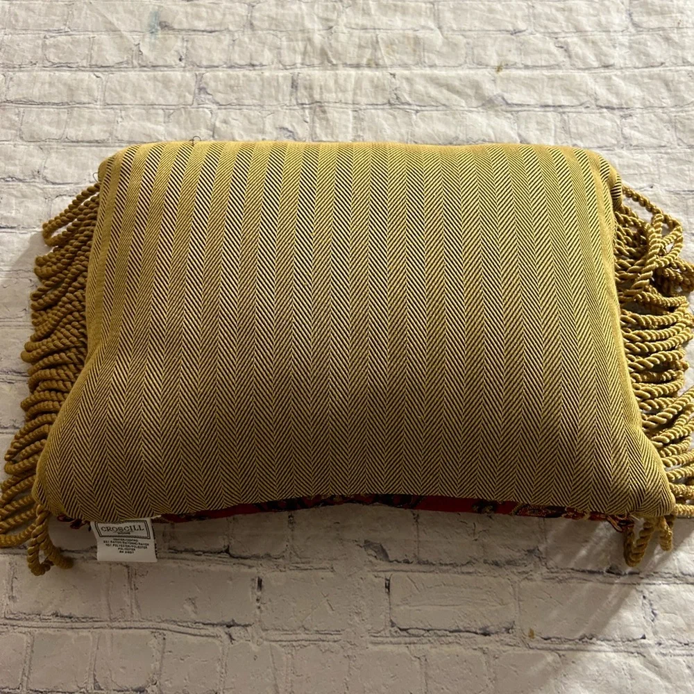 CROSCILL HOME EMBROIDERED RAYON BLEND BURGUNDY/OLIVE& GOLD TASSELS ACCENT PILLOW - Picture 3 of 10